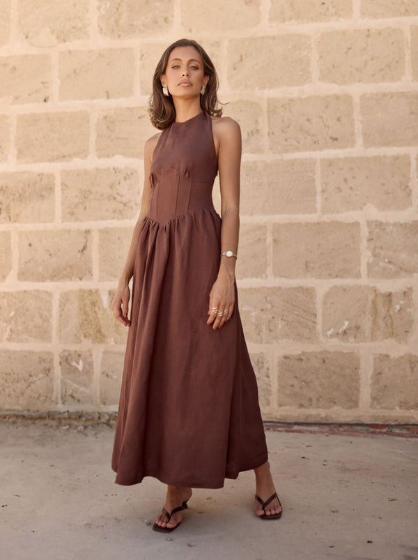 Brown Sienna Halter Maxi Linen Dress