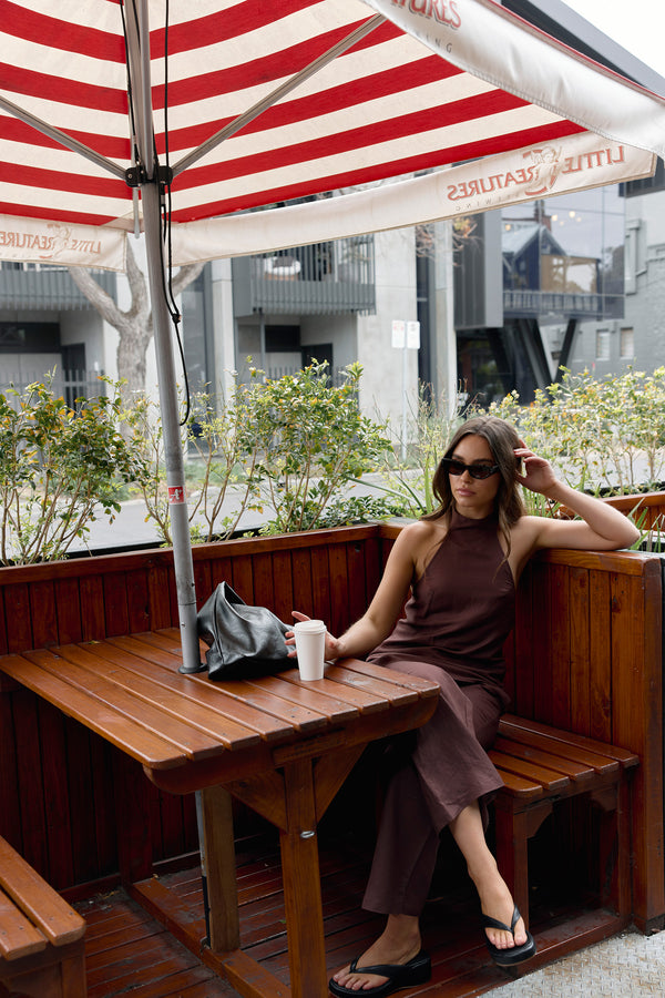 Brown Velora Waist Tie Linen Pants