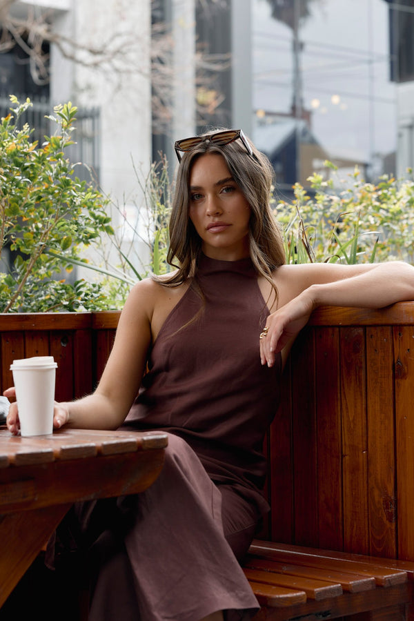 Brown Velora Linen Halter Top