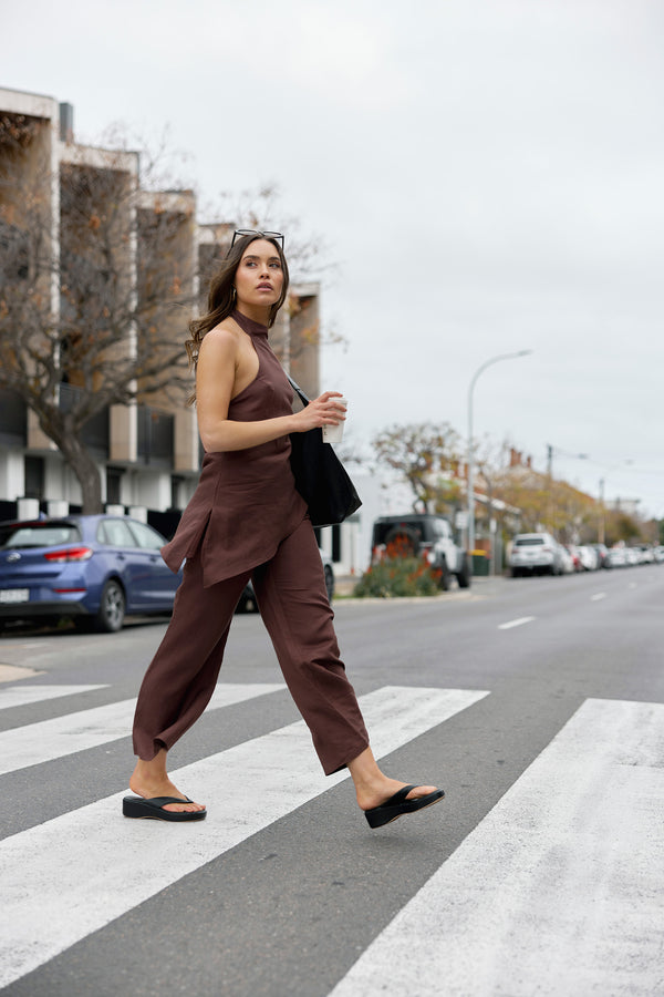 Brown Velora Waist Tie Linen Pants