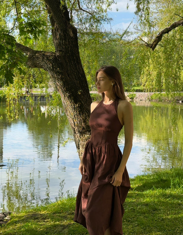 Brown Sienna Halter Maxi Linen Dress
