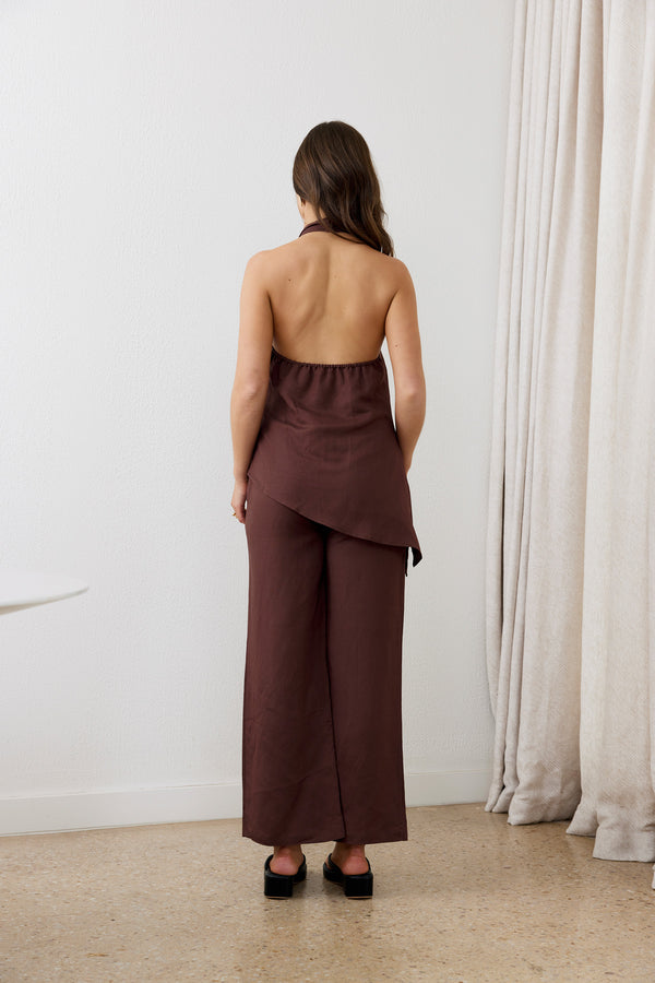 Brown Velora Linen Halter Top