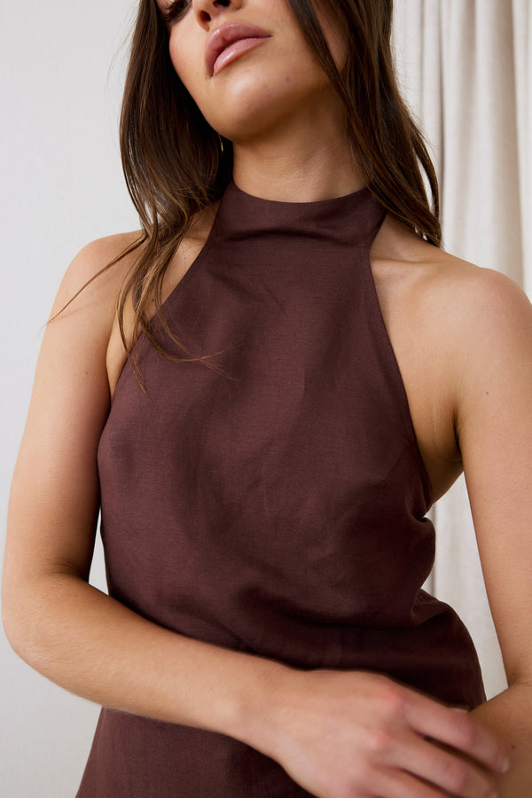 Brown Velora Linen Halter Top