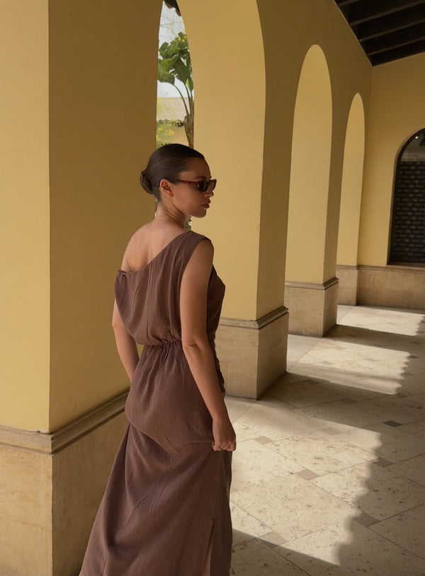 Brown Rise Linen Maxi Dress