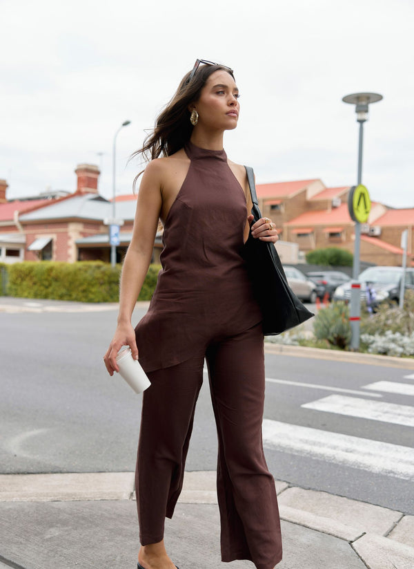 Brown Velora Waist Tie Linen Pants