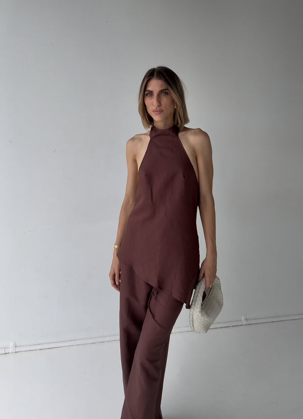 Brown Velora Waist Tie Linen Pants