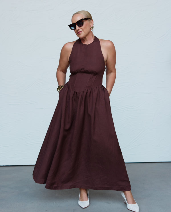 Brown Sienna Halter Maxi Linen Dress