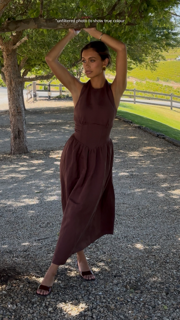 Brown Sienna Halter Maxi Linen Dress