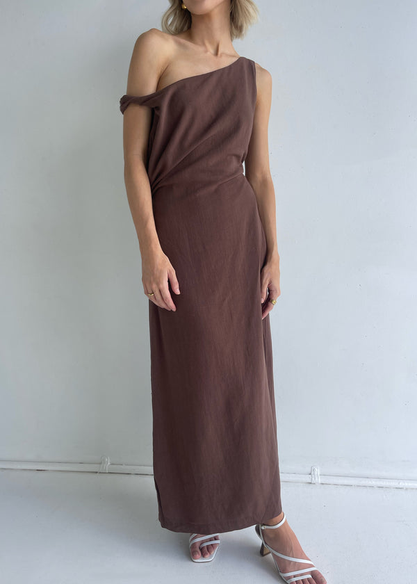 Brown Rise Linen Maxi Dress
