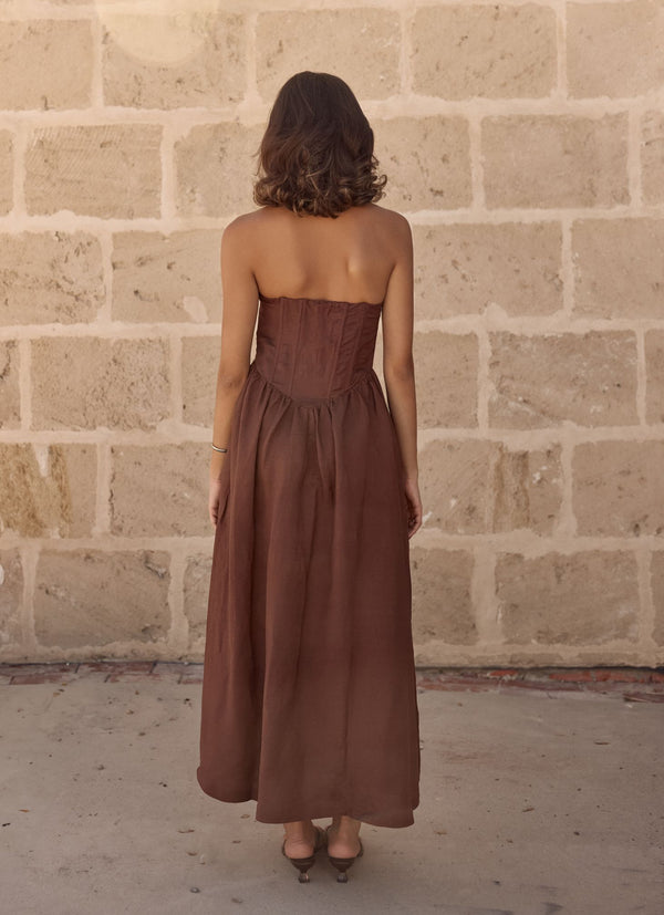 Brown Sienna Halter Maxi Linen Dress