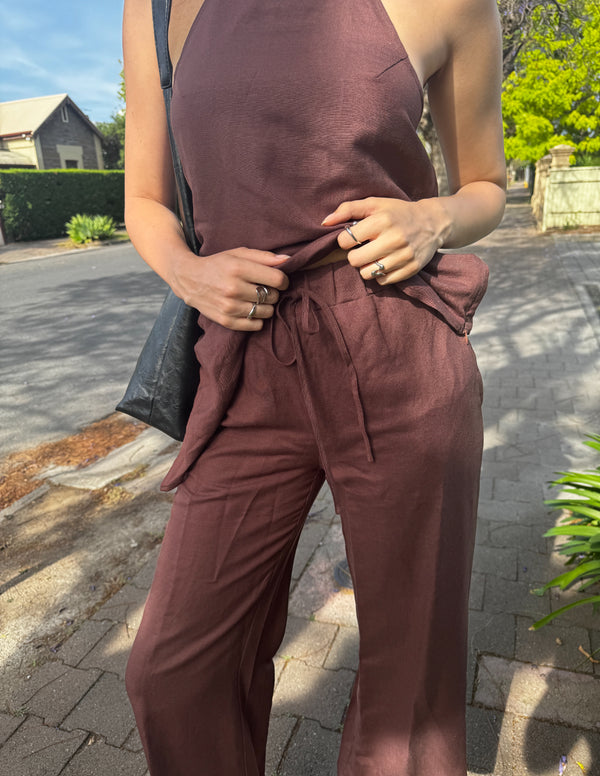 Brown Velora Waist Tie Linen Pants