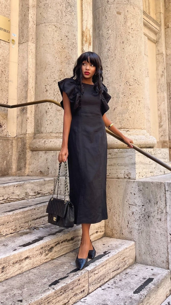 Black Unwind Linen Midi Dress