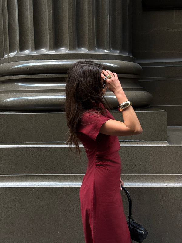 Burgundy Velour Linen Maxi Dress