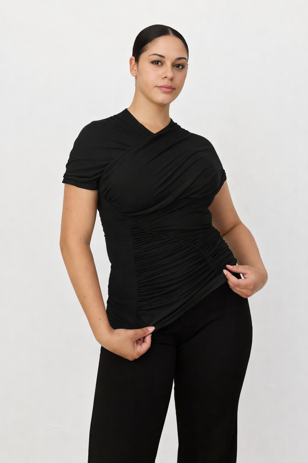 Black Veda Asymmetrical Short Sleeve Top