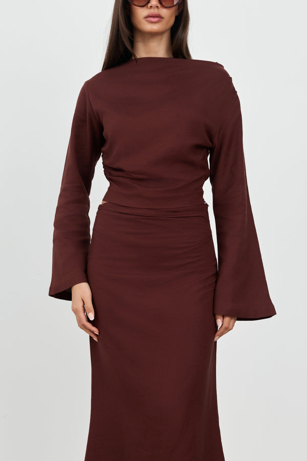 Brown Celeste Linen Long Sleeve Top