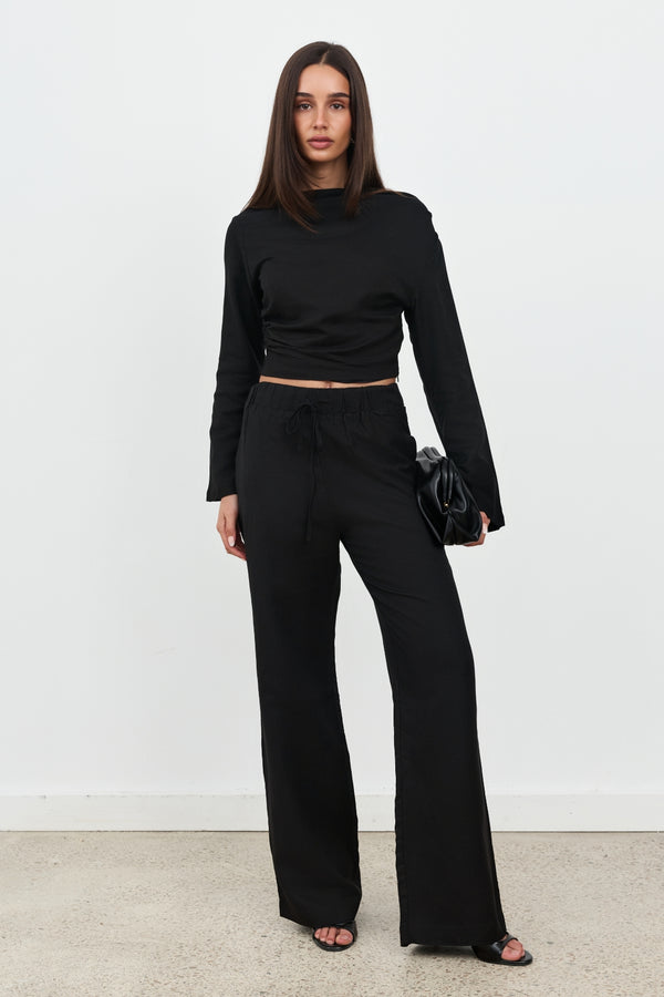 Black Celeste Linen Long Sleeve Top