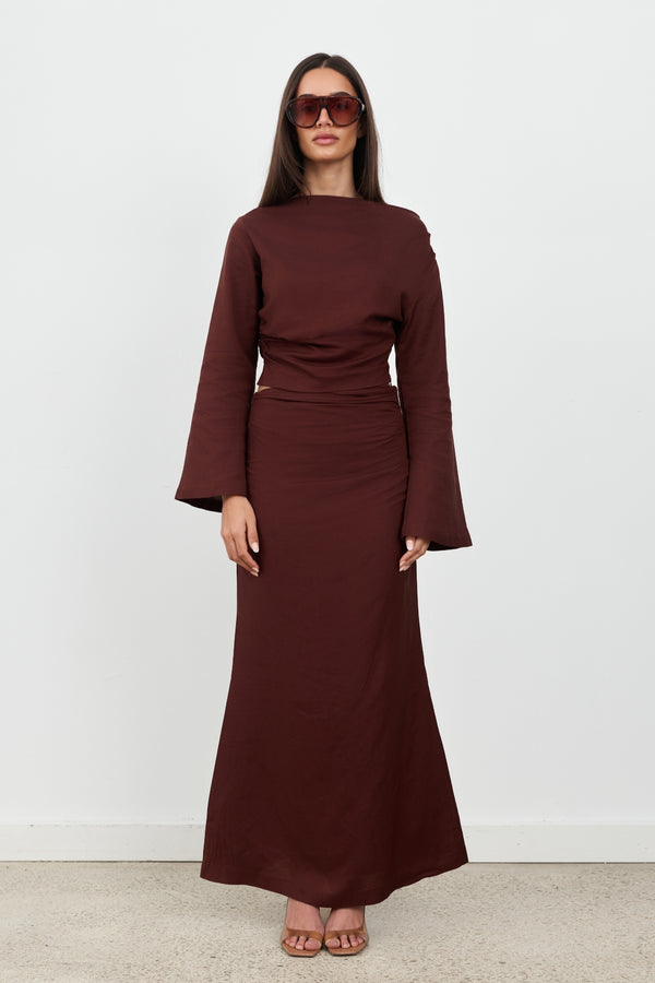 Brown Celeste Linen Maxi Skirt