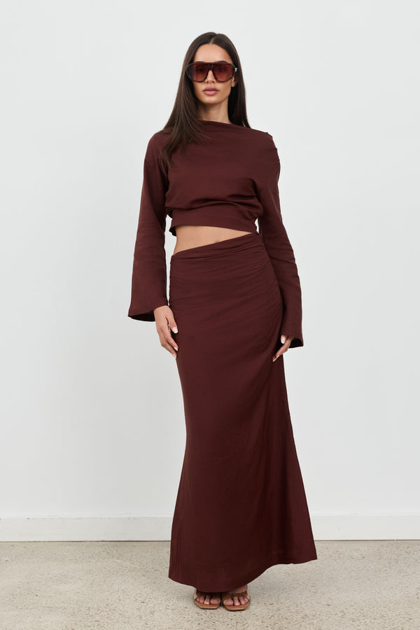 Brown Celeste Linen Long Sleeve Top