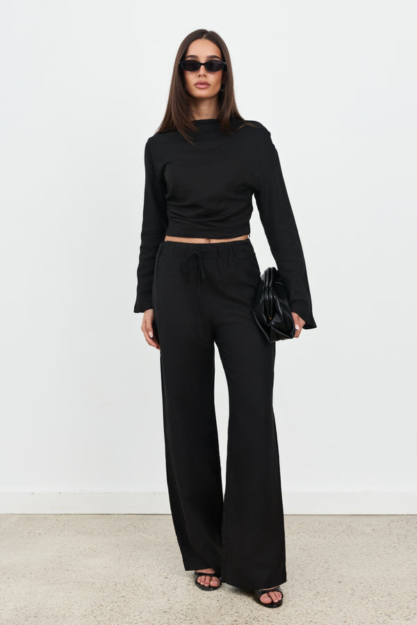 Black Celeste Linen Long Sleeve Top
