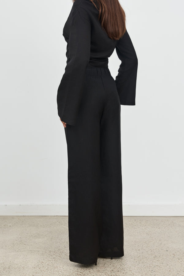 Black Alba Linen Waist Tie Pants