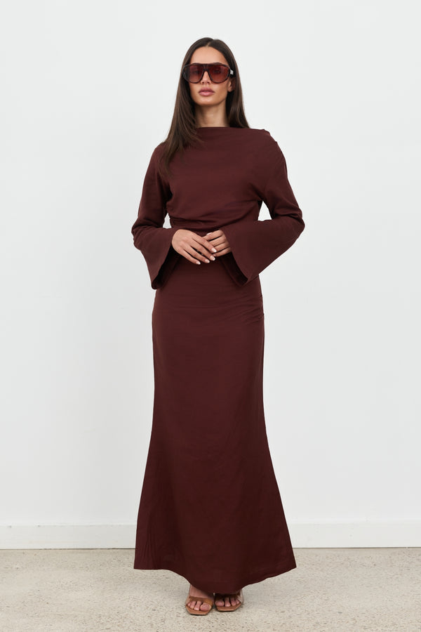Brown Celeste Linen Long Sleeve Top