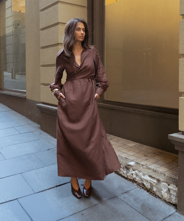Brown Cielo Linen Maxi Dress