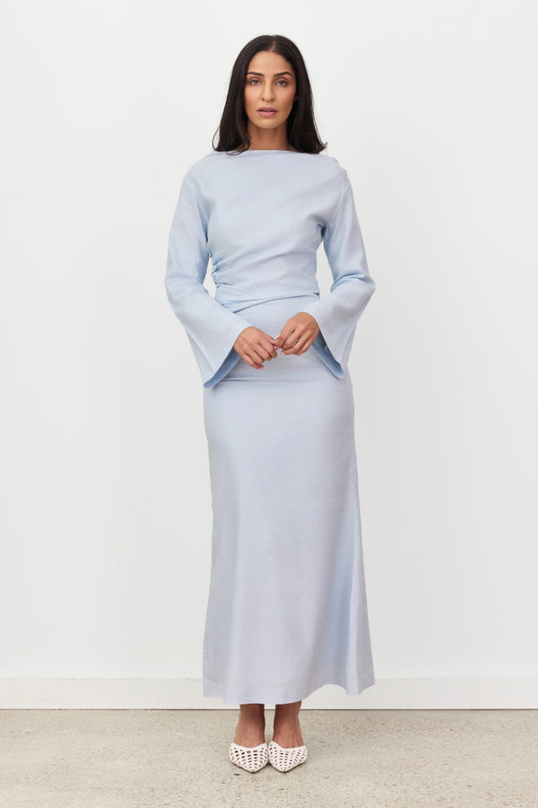 Sky Blue Celeste Linen Long Sleeve Top