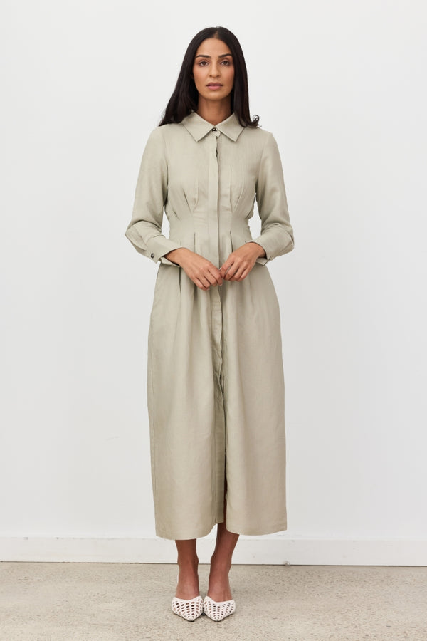Sage Florence Long Sleeve Linen Maxi Dress